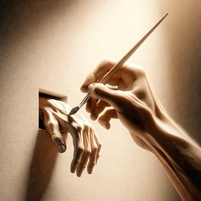 The primary subject of the image is a person's hand holding a pen, with the hand in the process of writing or drawing. The setting is a wall, and the visual style appears to be a drawing or illustration. The colors in the image are predominantly shades of brown, and the overall atmosphere is focused and detailed.